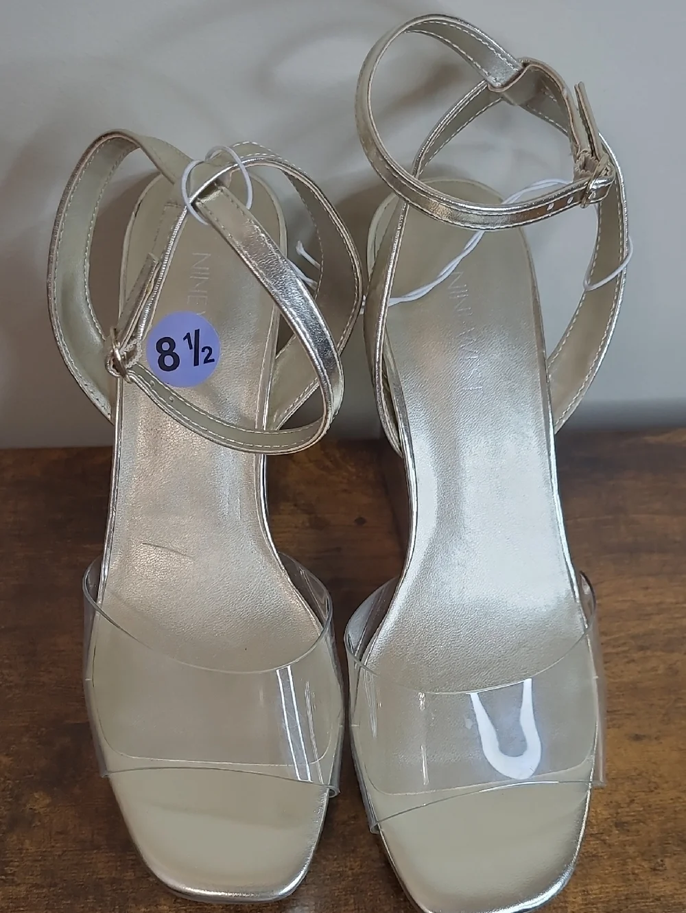 NWOT Nine West Metallic Gold Platform Wedge Sandals with Clear Strap size 8.5
